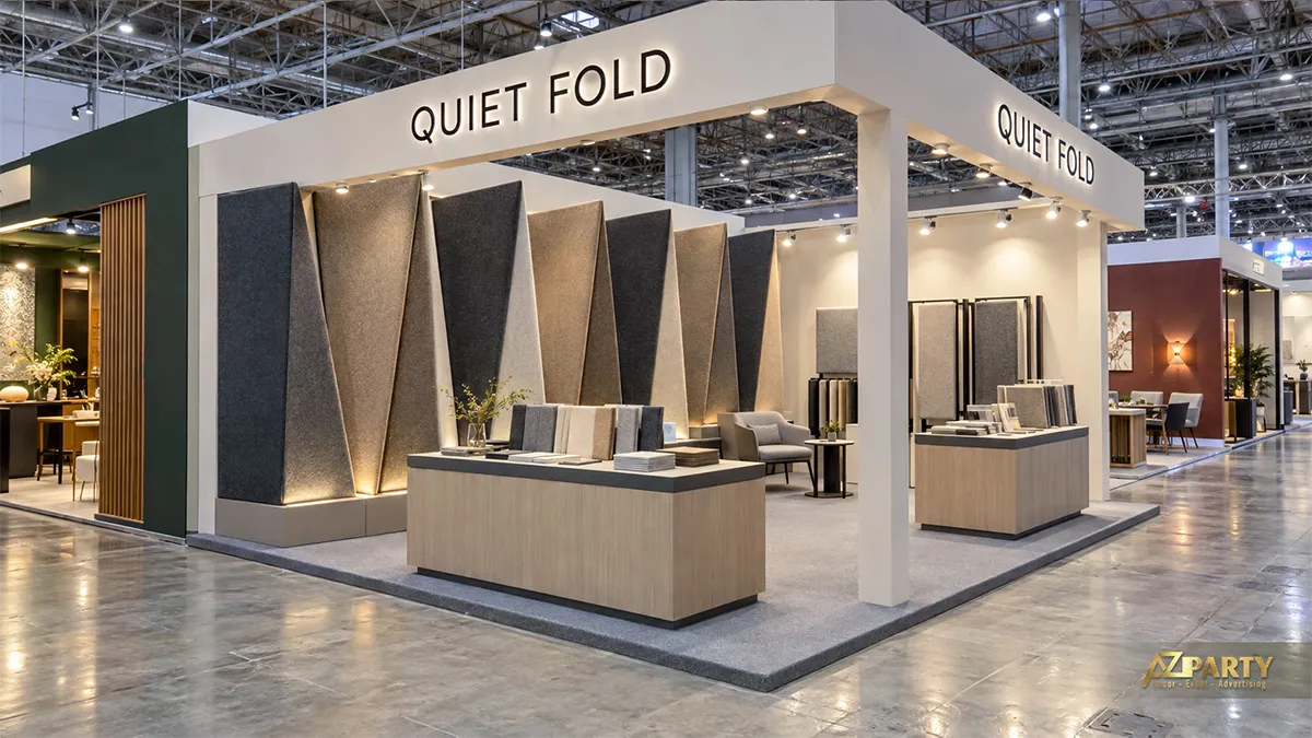 Các tấm tiêu âm xếp nếp xám kem sau hai quầy mẫu vân gỗ