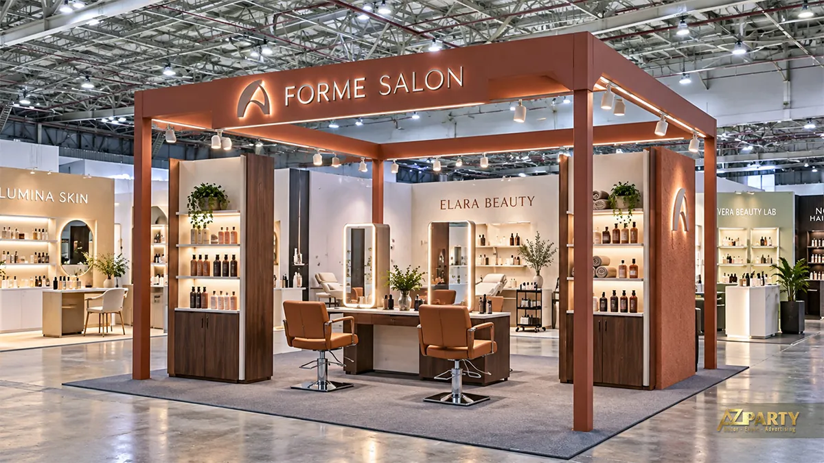 Gian salon màu đất nung có hai ghế làm tóc và kệ sản phẩm hai bên