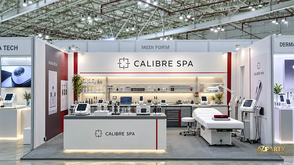 Gian thiết bị spa trắng xám có máy và giường trị liệu bên phải