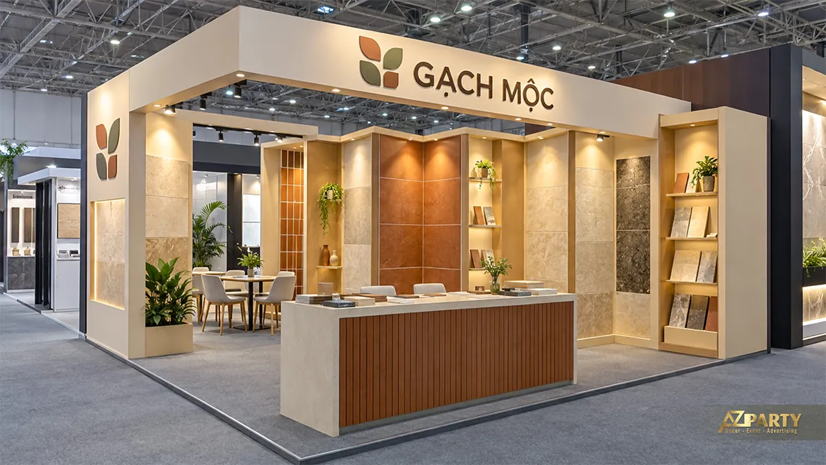 Gian gạch ốp lát màu kem có tường mẫu nhiều màu và bàn tiếp khách