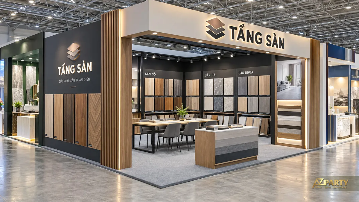 Gian sàn gỗ xám đen có ba khu mẫu sàn gỗ đá và nhựa trên vách