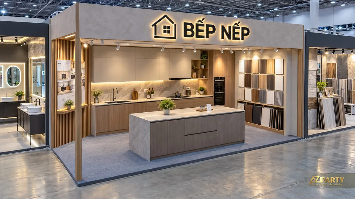 Gian nội thất bếp màu gỗ xám dựng khu bếp hoàn chỉnh và đảo bếp
