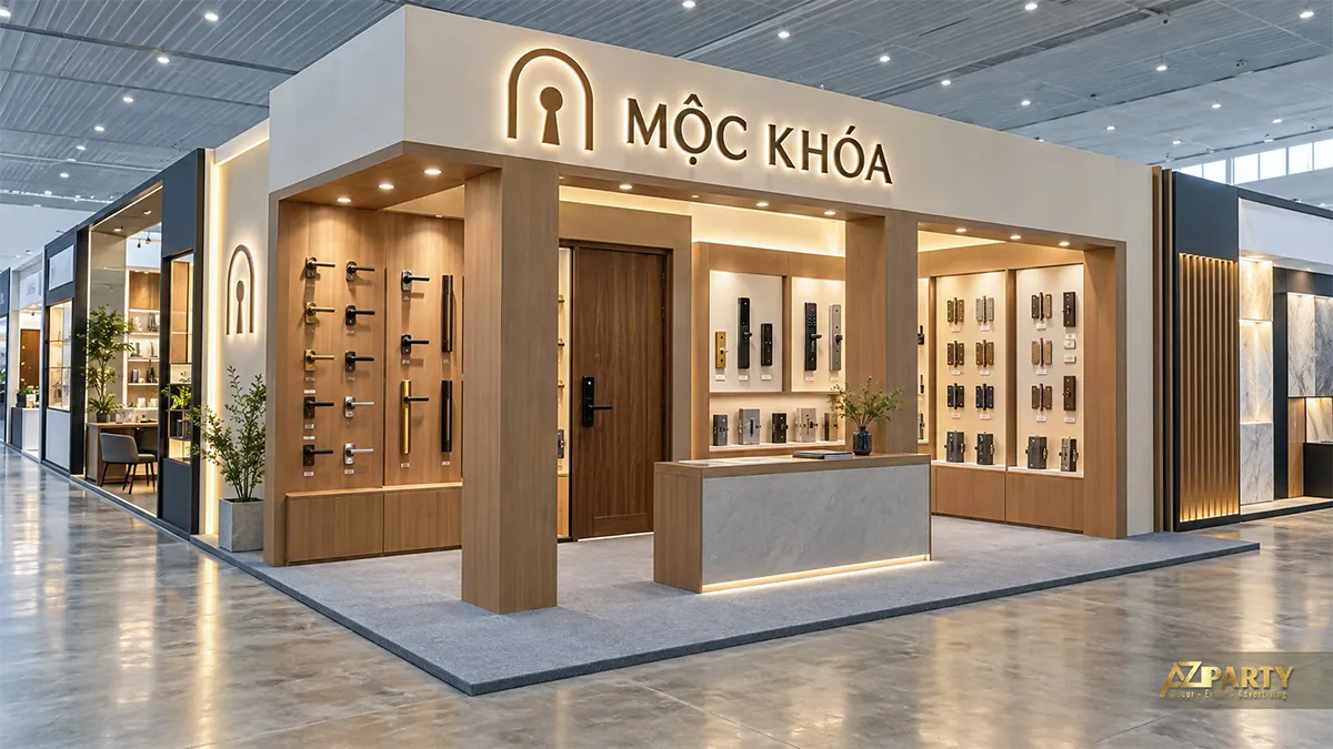 Gian khóa và tay nắm cửa phối gỗ có bảng trưng bày phụ kiện hai bên