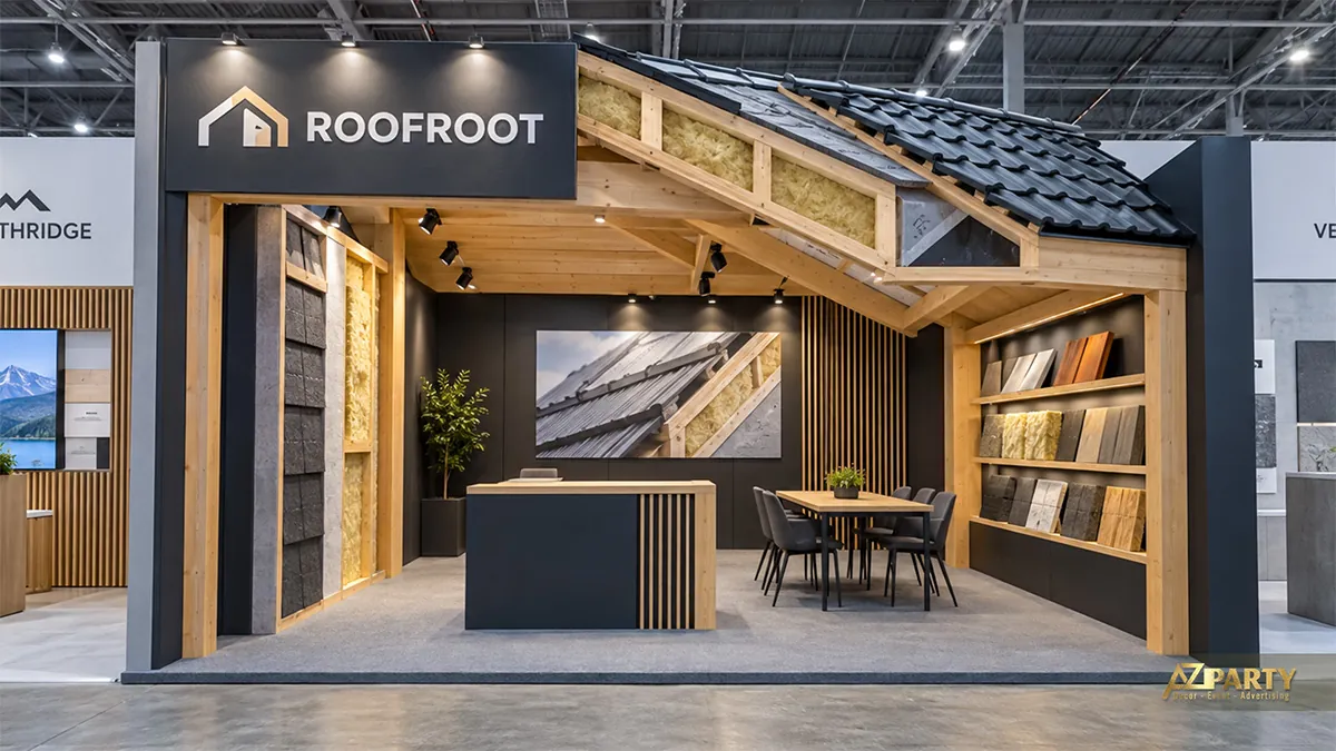 Gian vật liệu mái có mô hình mặt cắt mái ngói và kệ mẫu bên phải