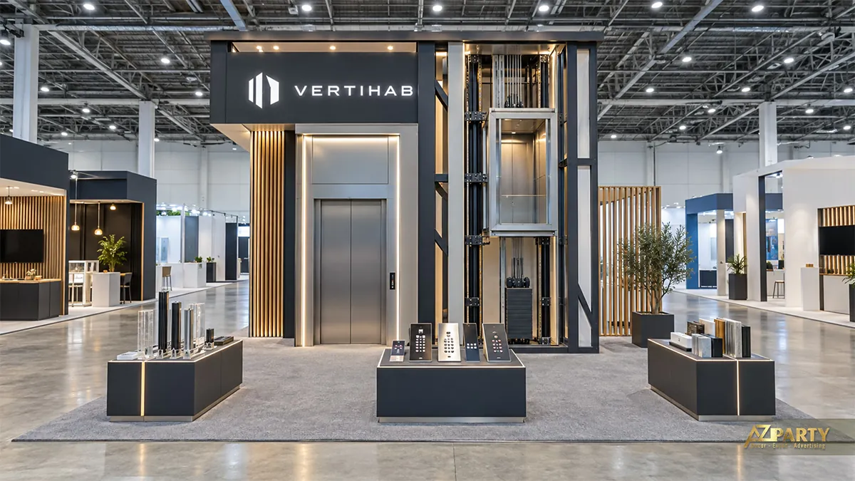 Gian thang máy màu xám có một cabin và mô hình cơ cấu nâng bên cạnh
