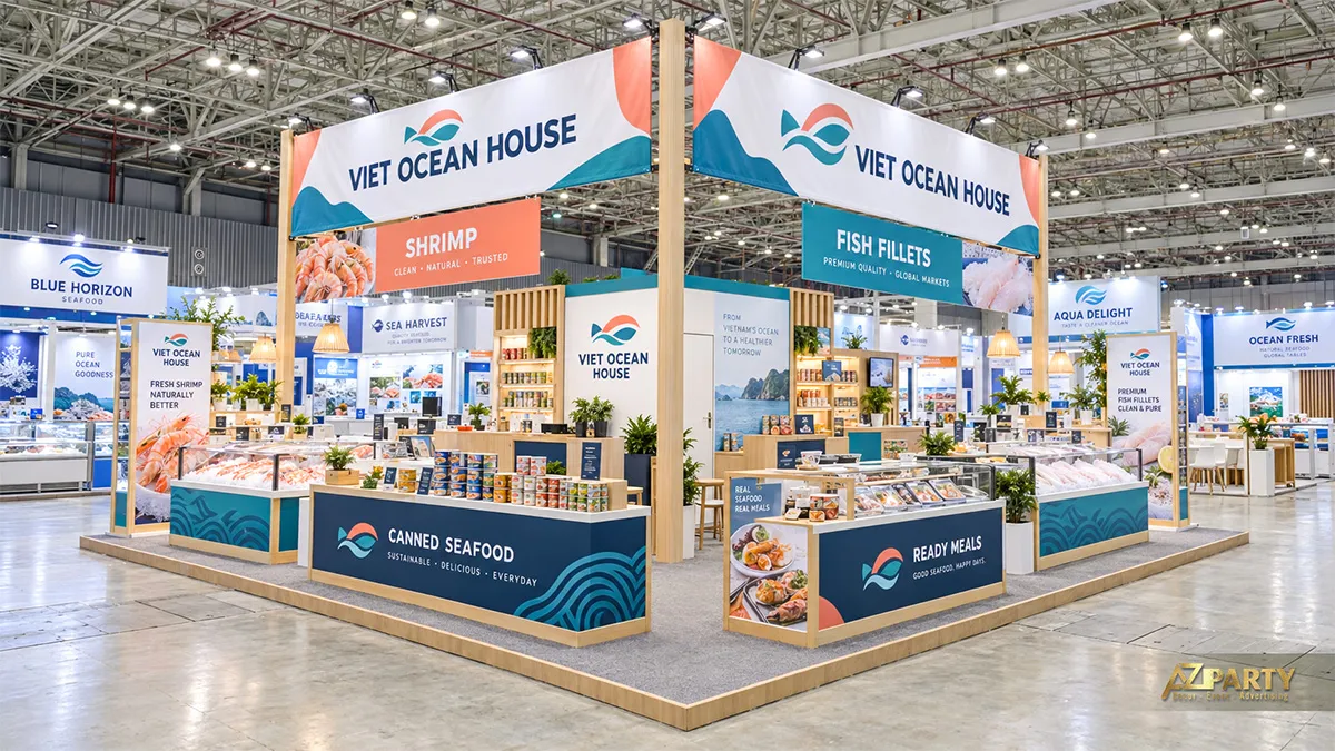 Gian xanh cam trưng bày hải sản đông lạnh và đồ hộp ở các quầy riêng