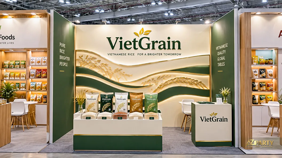 Gian gạo nền xanh lá với bao gạo đặt trên bục và quầy nhỏ bên phải