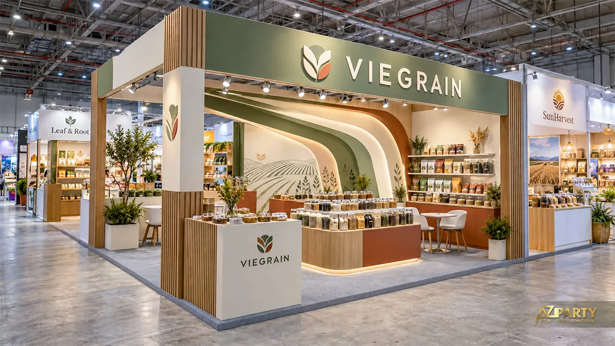 Gian gạo xanh olive với vòm cong, quầy sản phẩm và kệ gạo dọc vách