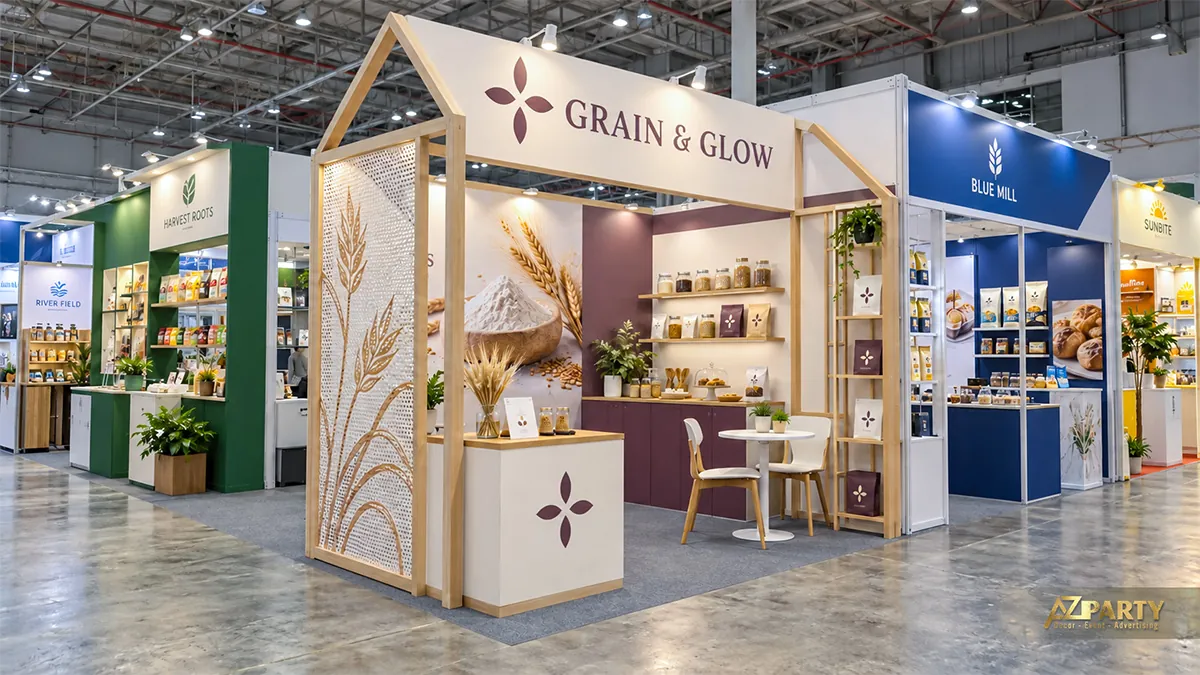 Gian gạo khung mái nhà nhỏ với vách bông lúa, kệ hũ và bàn tư vấn