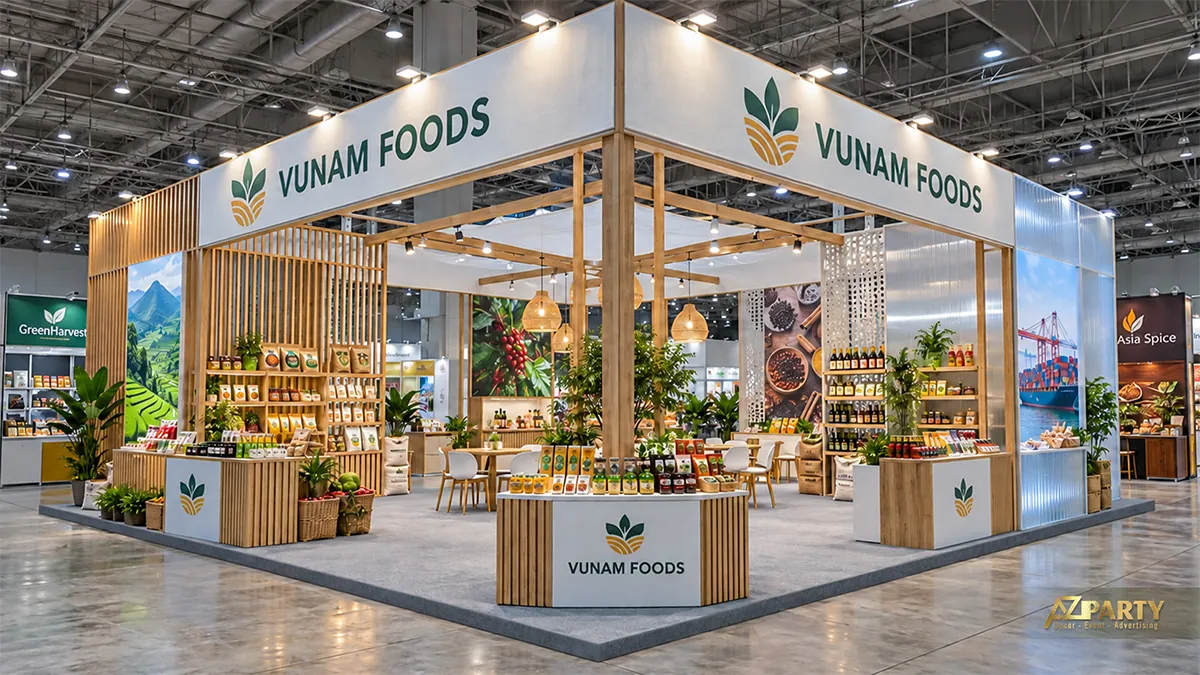 Gian thực phẩm khung gỗ bốn mặt mở với nhiều quầy và bàn tiếp khách
