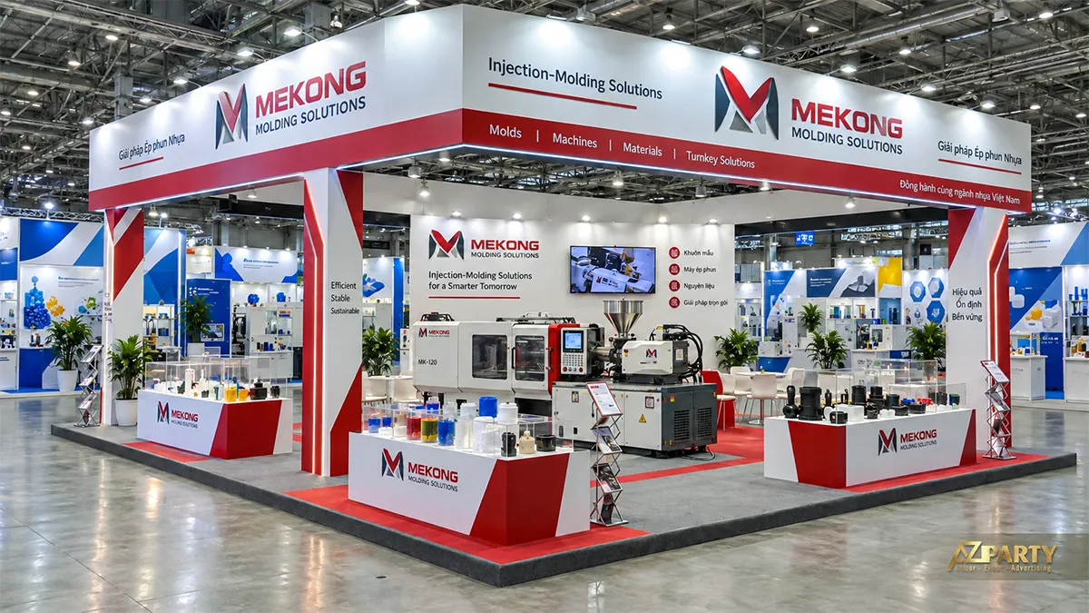 Máy ép phun giữa gian đỏ trắng và các quầy linh kiện xung quanh