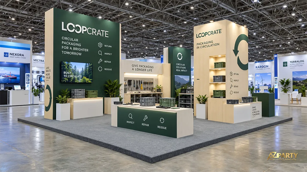 Gian bao bì luân chuyển xanh lá với hộp mẫu và quầy thấp phía trước