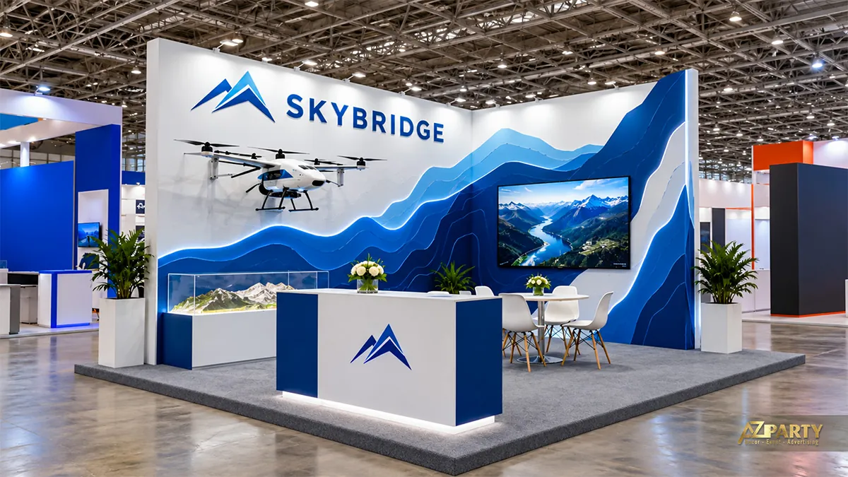 Gian vận tải bằng drone màu xanh lam với mô hình máy bay và màn hình