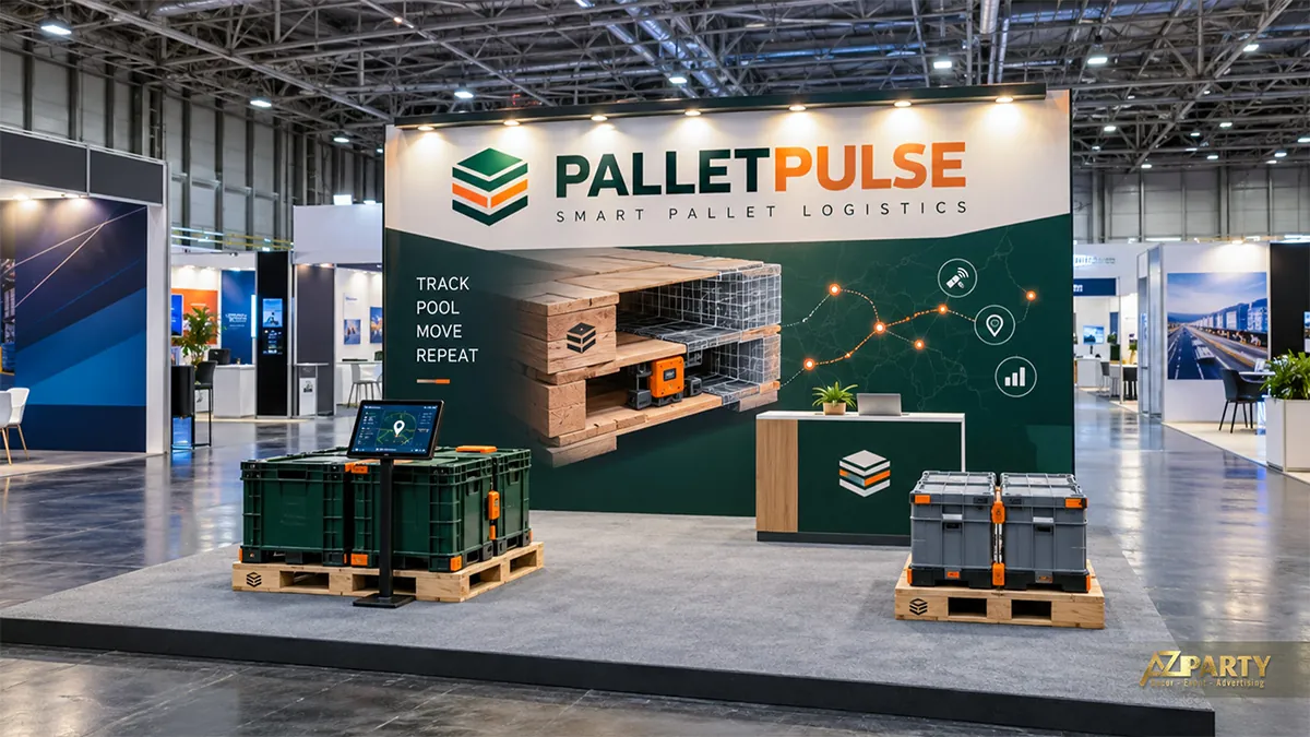 Gian pallet thông minh xanh lá với khay hàng và màn hình theo dõi