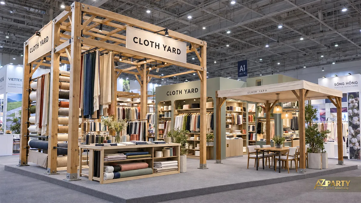 Gian vải với khung gỗ cao bên trái và góc tiếp khách có đèn mây