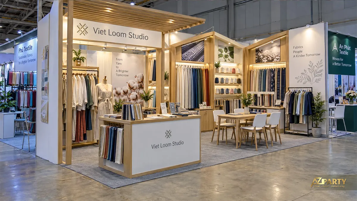 Gian vải gỗ sáng có mannequin và bàn tiếp khách phía bên phải