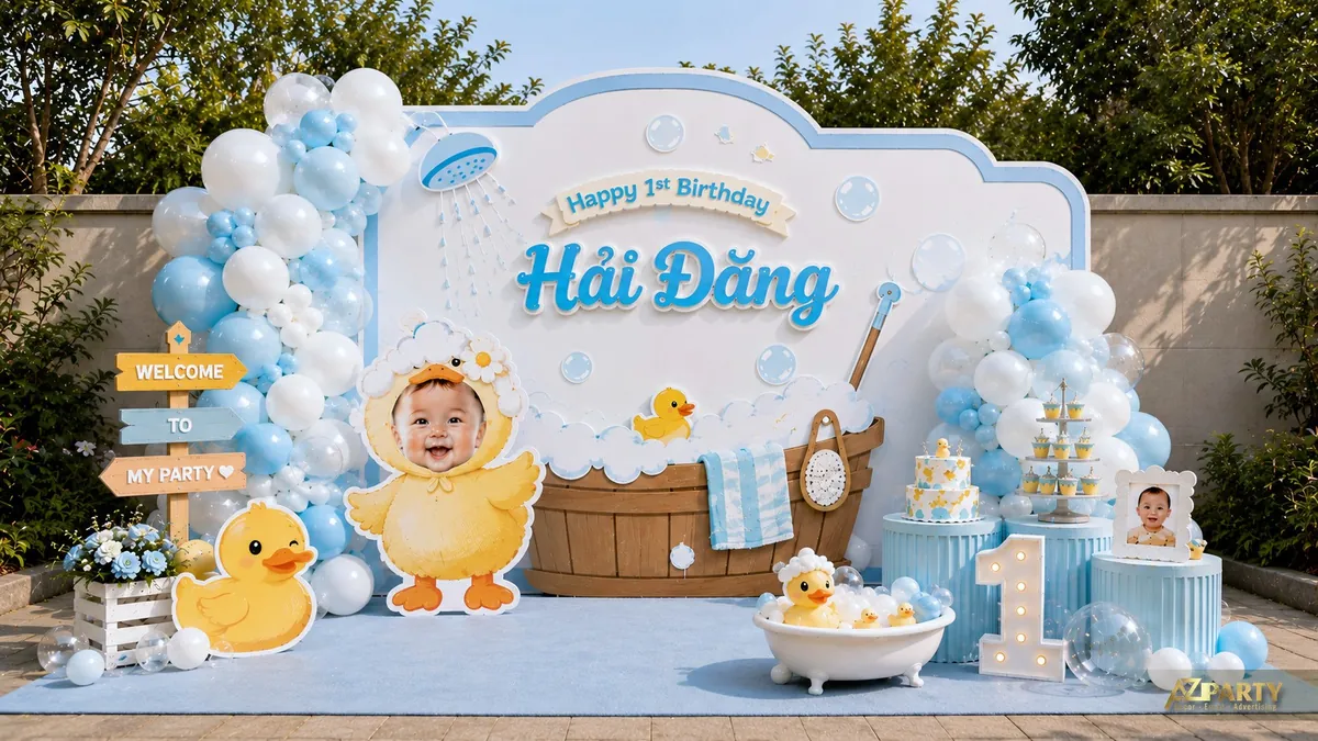 Mẫu thôi nôi Hải Đăng chủ đề vịt con tắm bồn với bóng xanh trắng và bàn bánh