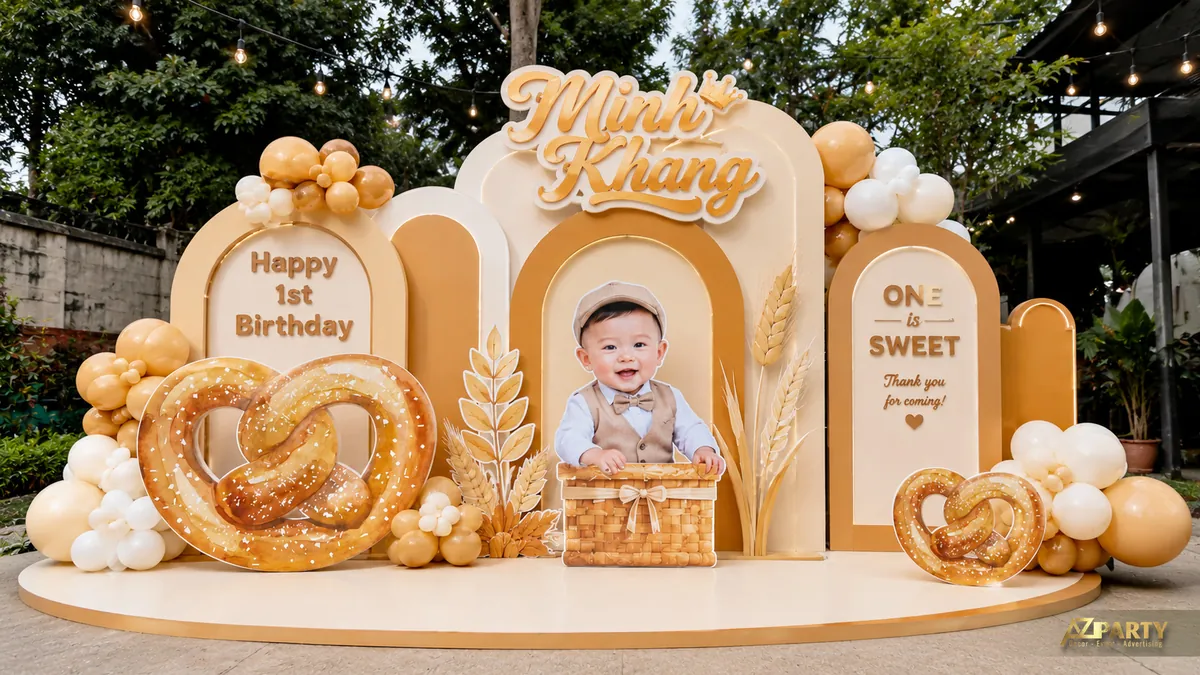Mẫu thôi nôi Minh Khang tone nâu cam với bánh pretzel, lúa mì và ảnh bé