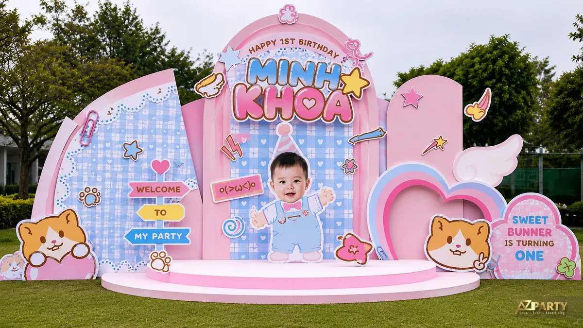 Mẫu thôi nôi bé trai Minh Khoa pastel hồng xanh với mèo con, trái tim và ảnh bé