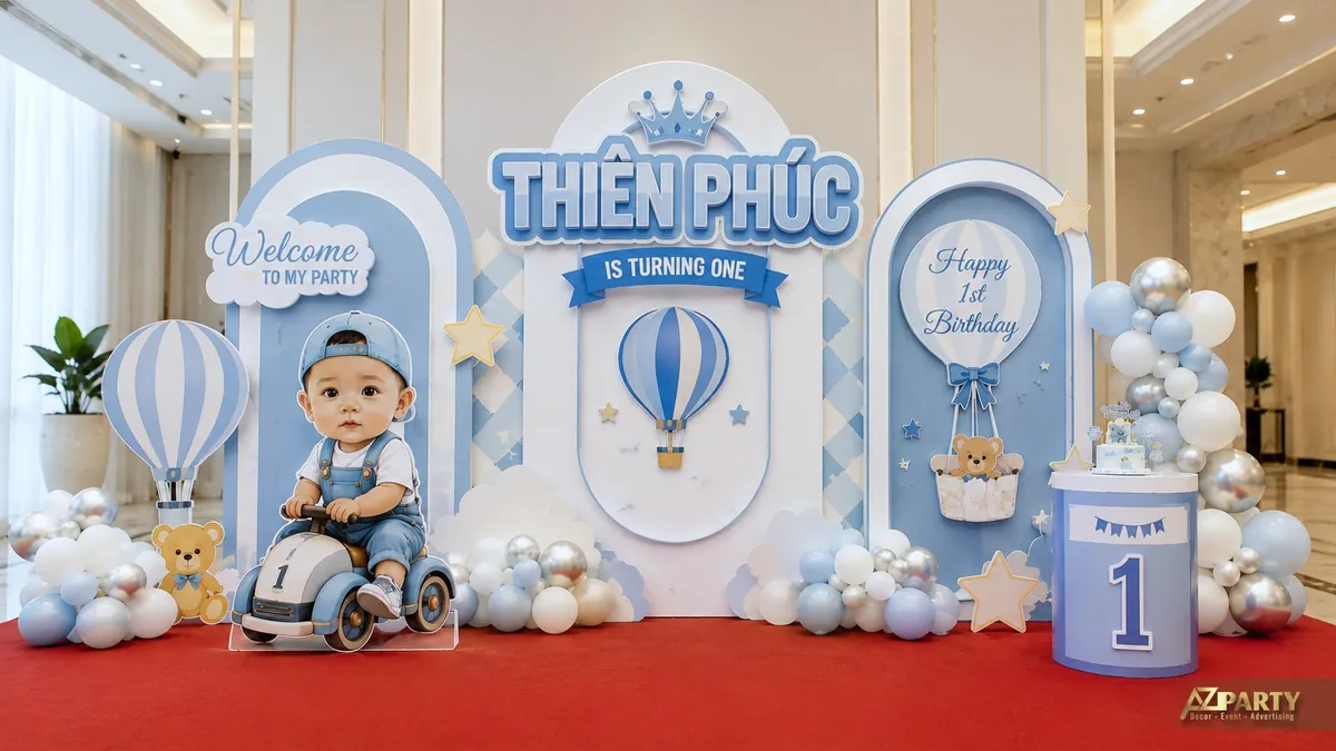 Mẫu thôi nôi Thiên Phúc xanh bạc với khinh khí cầu, mây và xe đồ chơi