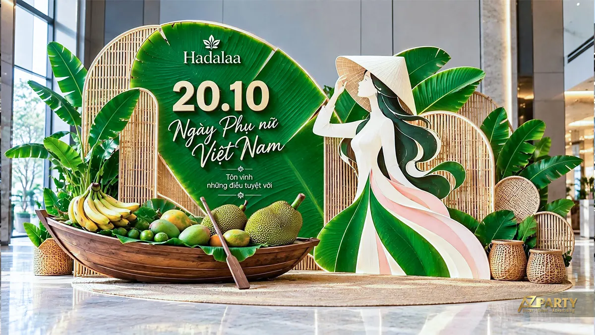 Tiểu cảnh xanh với hình phụ nữ đội nón lá, thuyền trái cây và các vách mây đan