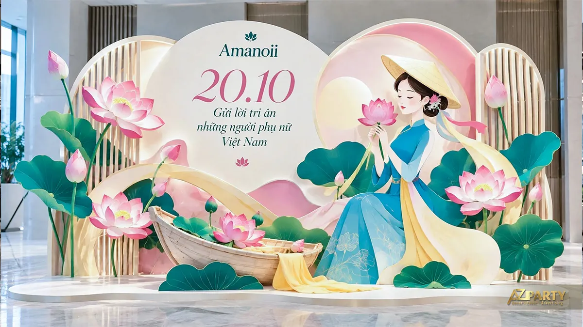 Góc trang trí hồng kem với phụ nữ mặc áo dài xanh, hoa sen và chiếc thuyền nhỏ