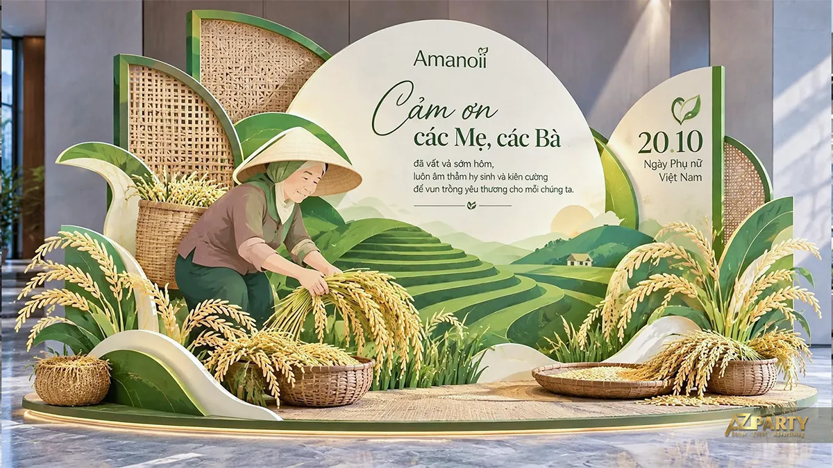 Tiểu cảnh ruộng bậc thang với người mẹ thu hoạch lúa, giỏ mây và lời cảm ơn các mẹ các bà
