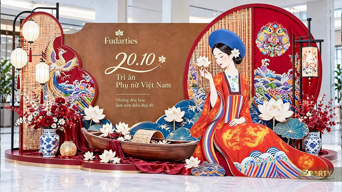 Backdrop đỏ nâu với phụ nữ mặc trang phục truyền thống, hoa sen, đèn lồng và bình gốm