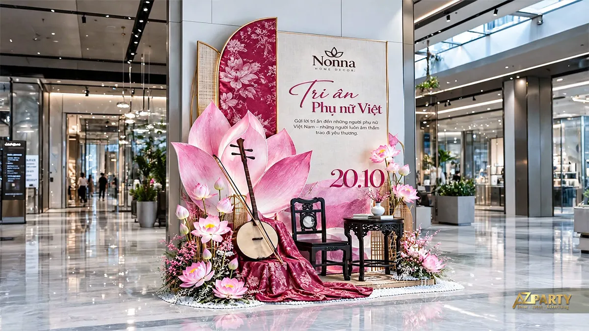 Góc chụp hoa sen hồng cùng đàn nguyệt, ghế gỗ và bàn trà nhỏ