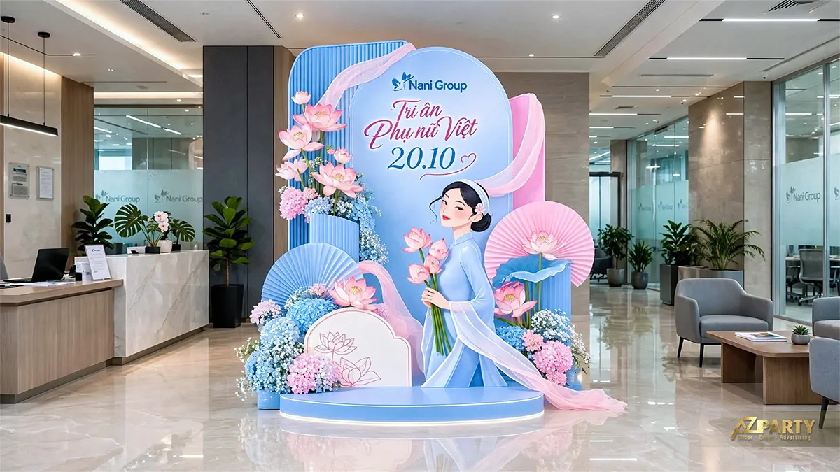 Tiểu cảnh xanh hồng với hình phụ nữ mặc áo dài cầm sen, quạt giấy và cụm hoa