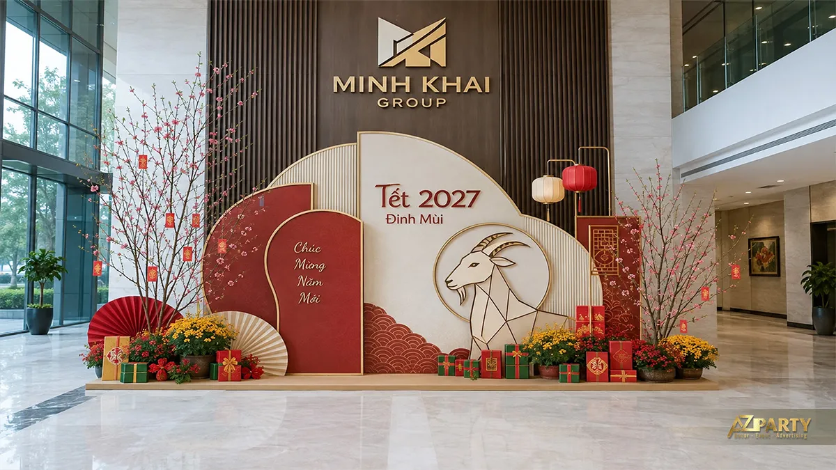 Tiểu cảnh Tết tại sảnh Minh Khai Group với backdrop hình học đỏ kem, dê vàng và cành đào