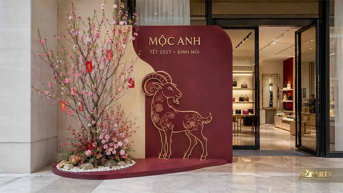 Tiểu cảnh Tết gọn tại cửa hàng Mộc Anh với phông đỏ kem, dê vàng và cây đào