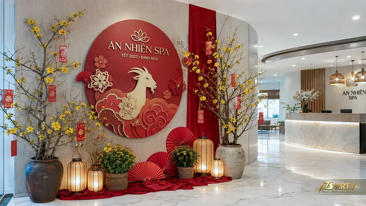 Sảnh spa An Nhiên trang trí backdrop tròn đỏ, linh vật dê, hoa mai và đèn lồng đặt sàn