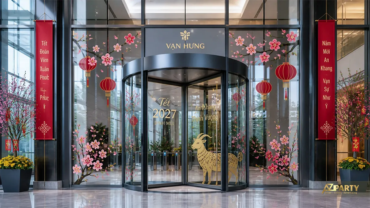 Cửa kính xoay Vạn Hưng trang trí decal hoa đào, dê vàng, đèn lồng và câu chúc năm mới