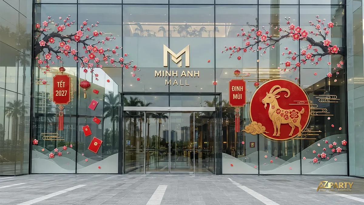 Mặt kính Minh Anh Mall trang trí cành đào, đèn lồng và huy hiệu dê Đinh Mùi 2027