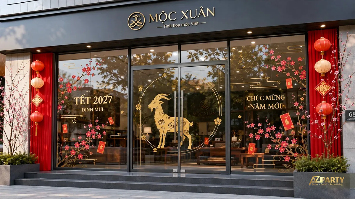 Cửa kính Mộc Xuân trang trí decal dê vàng, hoa đào, phong bao đỏ và đèn lồng hai bên