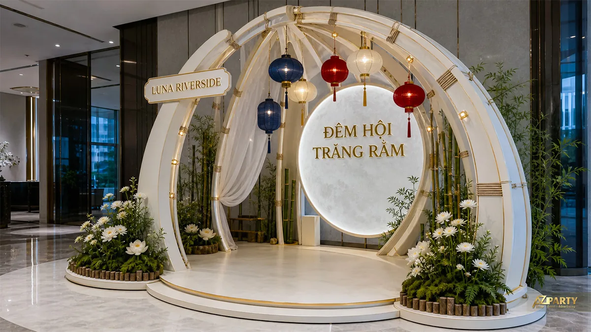Cổng trăng trắng treo lồng đèn nhiều màu