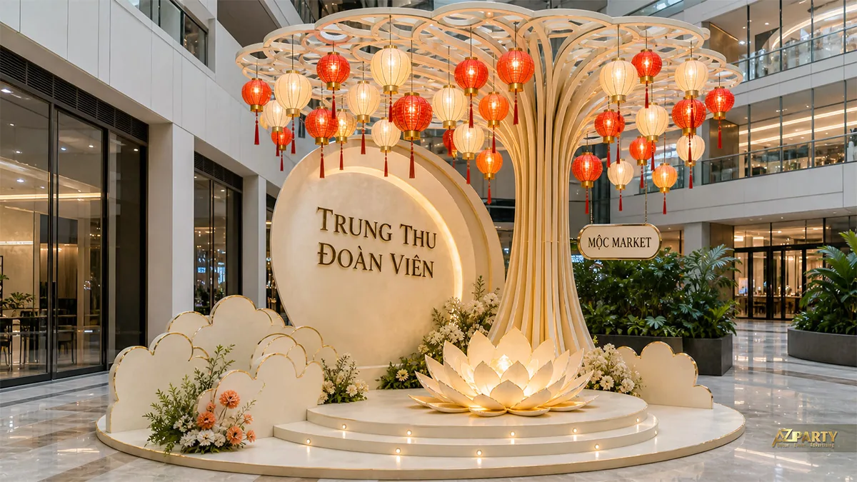 Tiểu cảnh lồng đèn đỏ và khung trăng