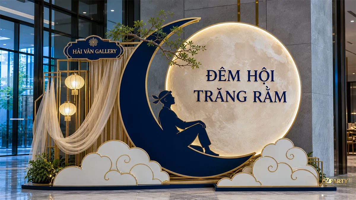 Vầng trăng xanh navy cùng mây và chú Cuội