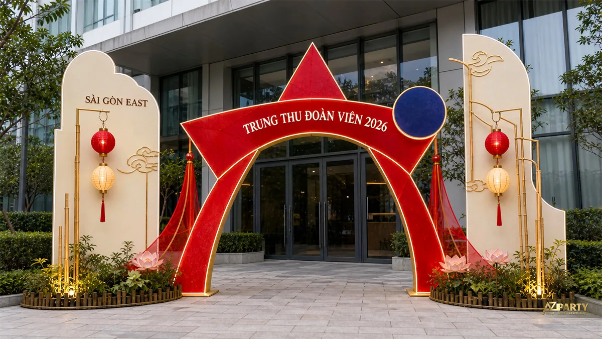 Cổng chào đỏ trắng cho lối vào sự kiện