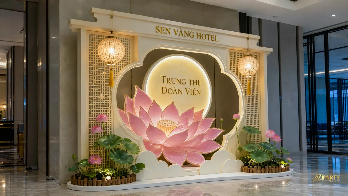 Tiểu cảnh hoa sen hồng trong khung tre