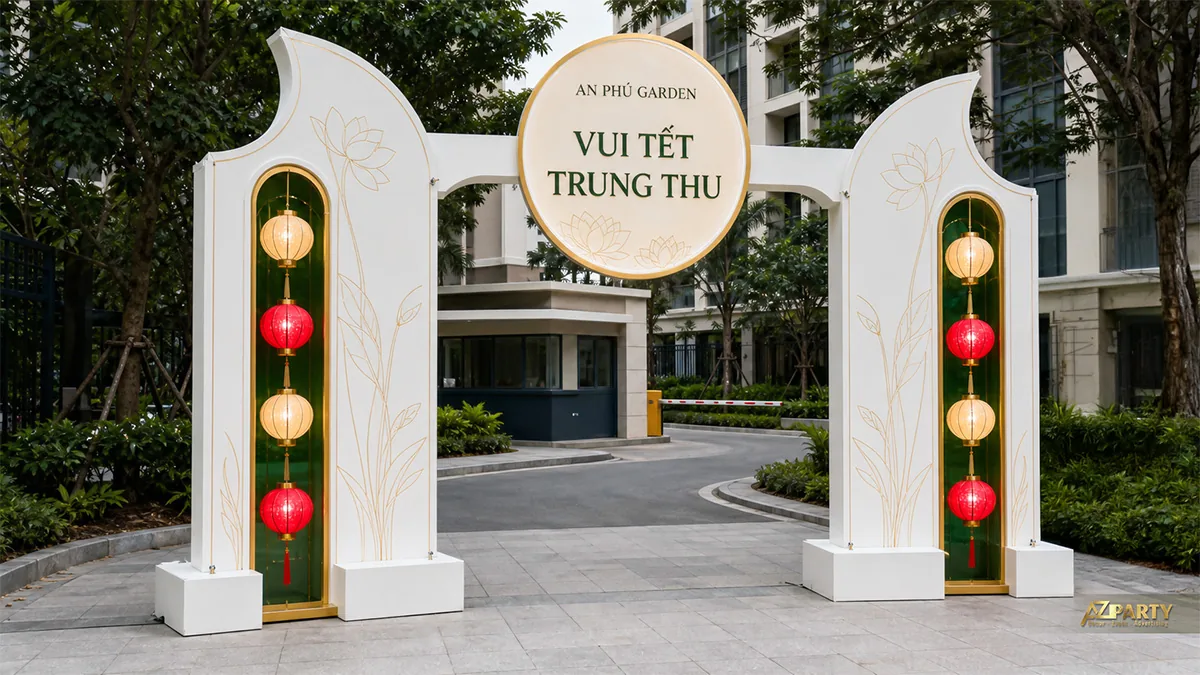 Cổng trắng treo lồng đèn đỏ xanh