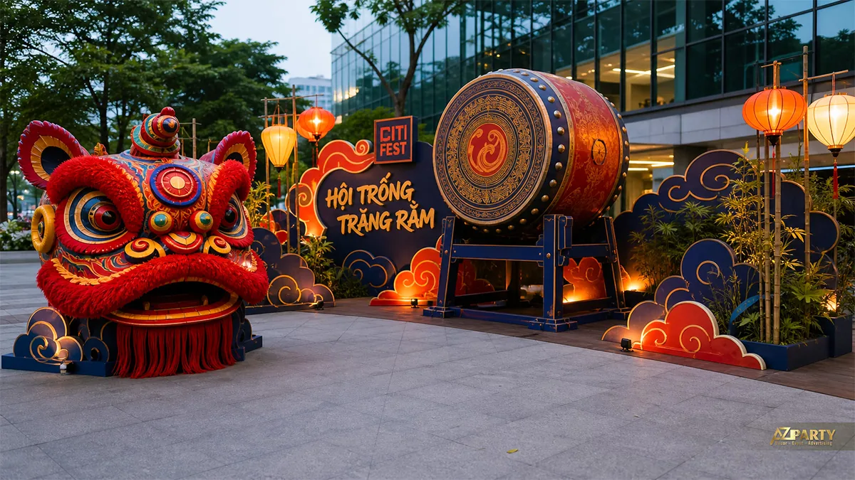 Tiểu cảnh đầu lân và trống hội ngoài trời