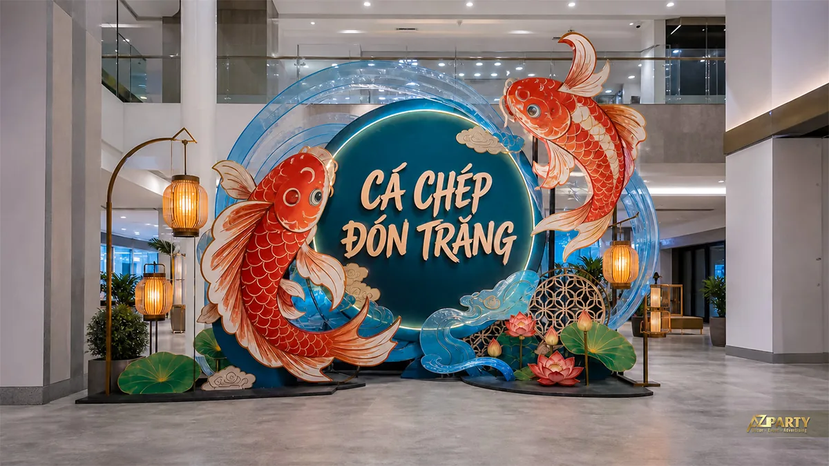 Tiểu cảnh cá chép đỏ trước vầng trăng