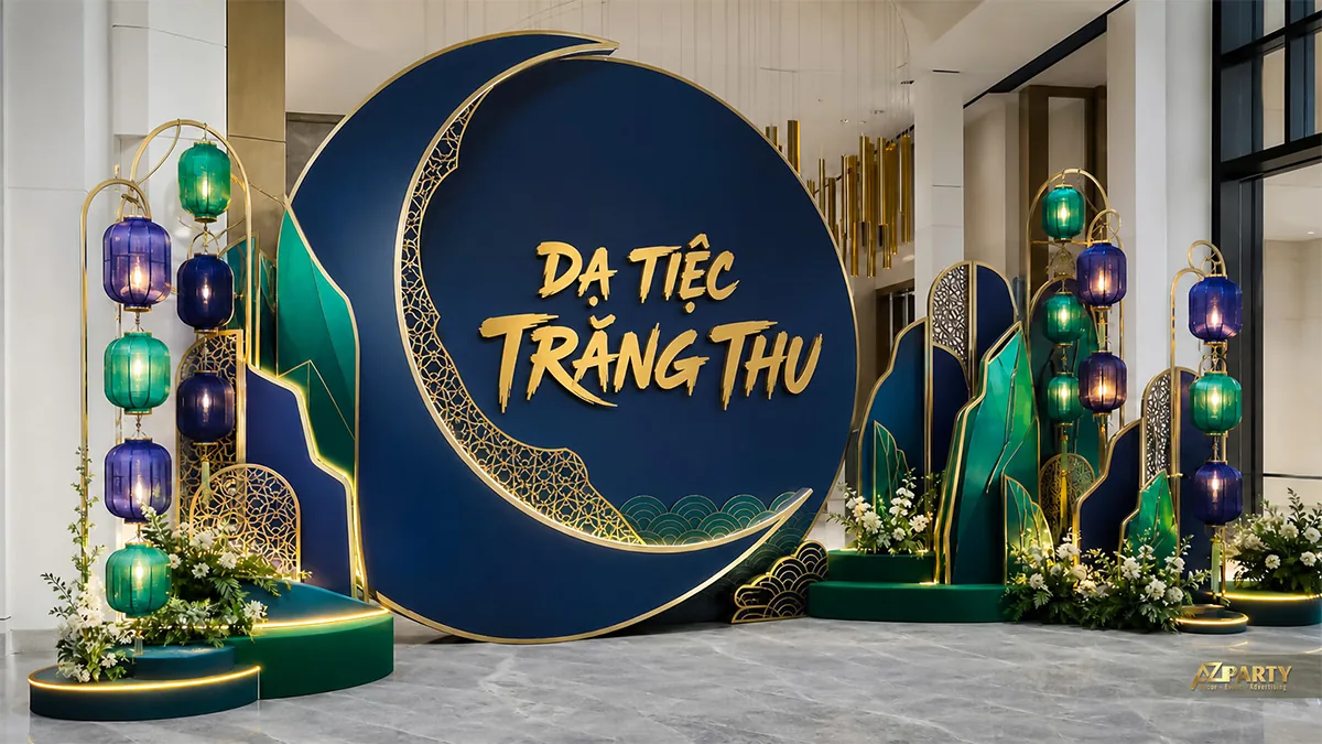 Khu check-in dạ tiệc trăng thu xanh navy