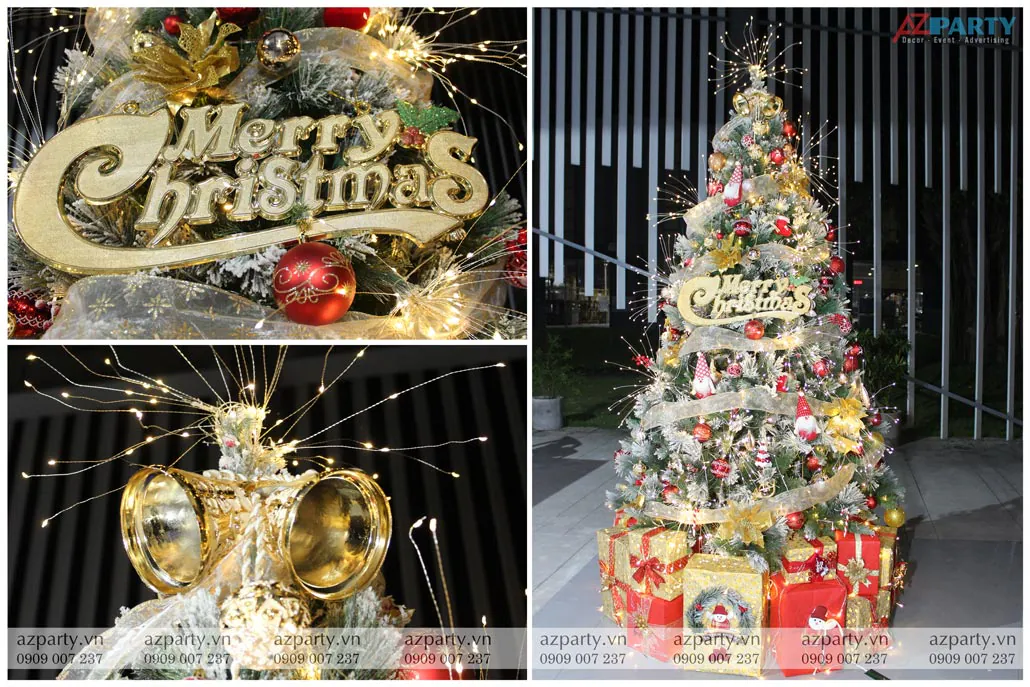Cây thông Noel phủ tuyết cao lớn trang trí dải ruy băng lưới, quả châu đỏ và đèn nhấp nháy phát sáng trên đỉnh bên cạnh các hộp quà.
