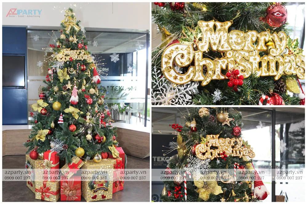 Cây thông Noel xanh được trang trí rực rỡ với hoa trạng nguyên vàng và kẹo gậy đón Giáng sinh tại văn phòng công ty Tekcom.