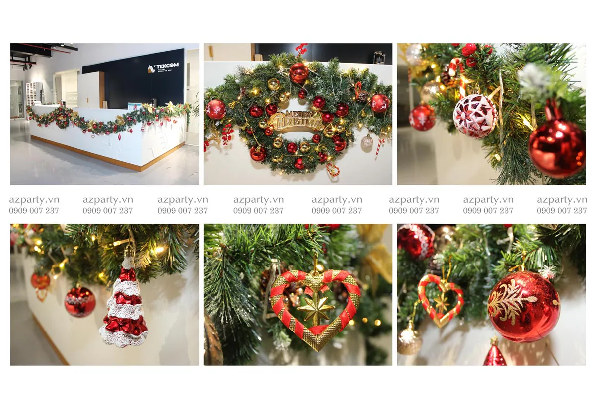 Chi tiết trang trí Noel quầy lễ tân công ty Tekcom gồm các phụ kiện treo độc đáo như hình trái tim, cây thông mini đỏ trắng và quả châu.