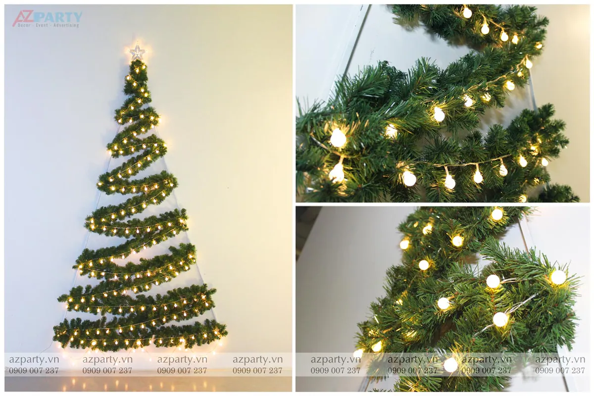 Cây thông Noel treo tường tự làm độc đáo bằng cách uốn dây thông xanh theo hình zigzag kết hợp dây đèn led tròn tỏa ánh sáng ấm.