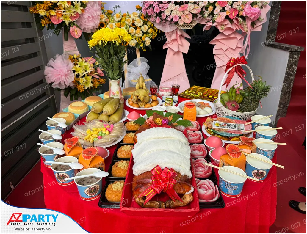 Mâm cúng khai trương Fresh & Fit đầy đủ lễ vật cầu chúc doanh nghiệp hồng phát và may mắn